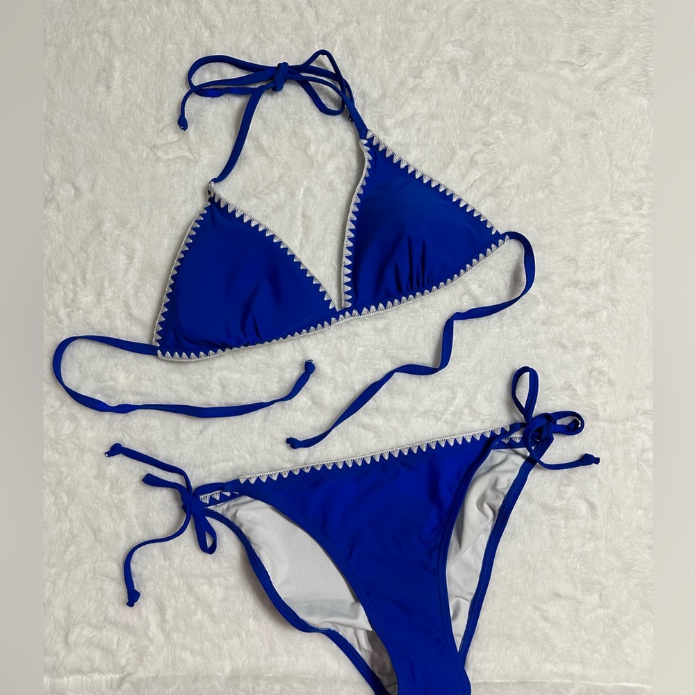 Boutique royal blue triangle halter tie bikini top in large